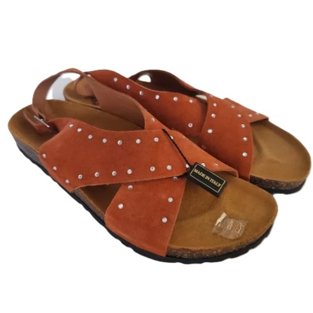 DOLCE VITA Women's Beach Sandals Brown Leather w/ Cork Sole Rhinestones Accent